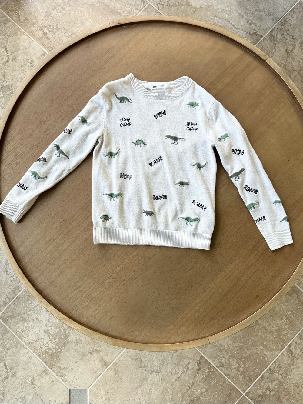H&M Boys Dinosaur “Chomp Roar Wow” Knit Sweater, Size 6X/7, Light Gray/Green